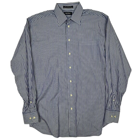Nautica Shirt Mens 15.5 34/35 Blue White Striped Long Sleeve Button Down Cotton - Picture 2 of 12
